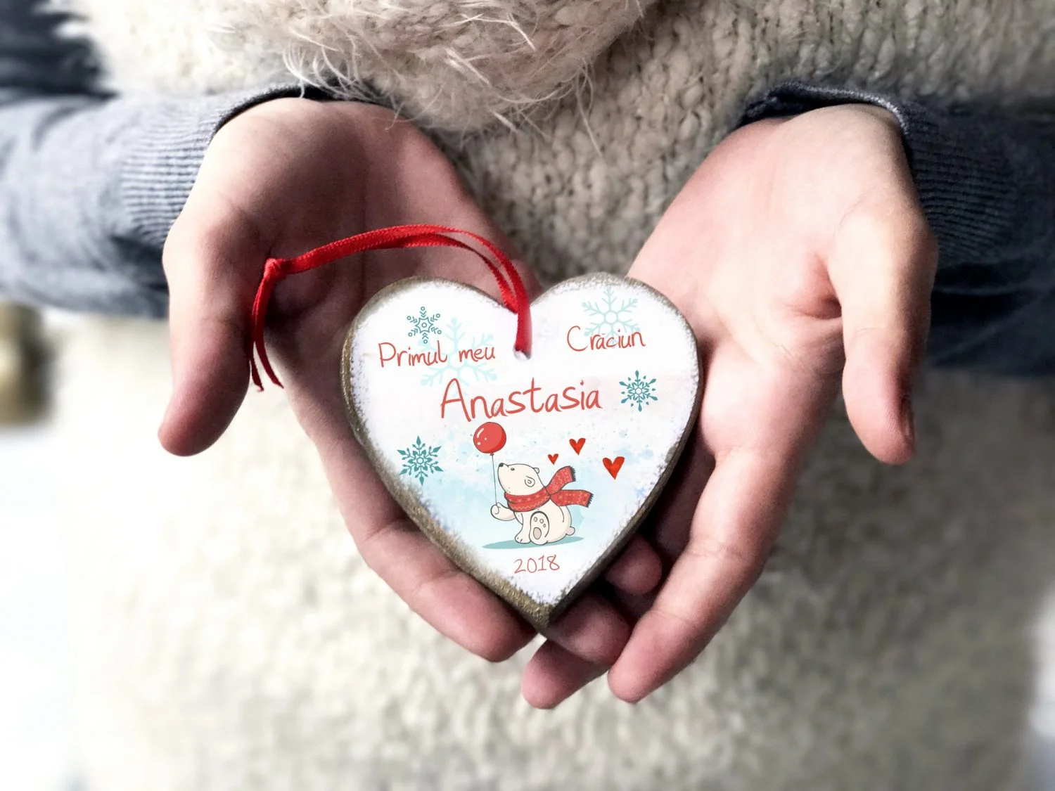 Primul meu Craciun - ornament personalizat inimioara bebe Polar