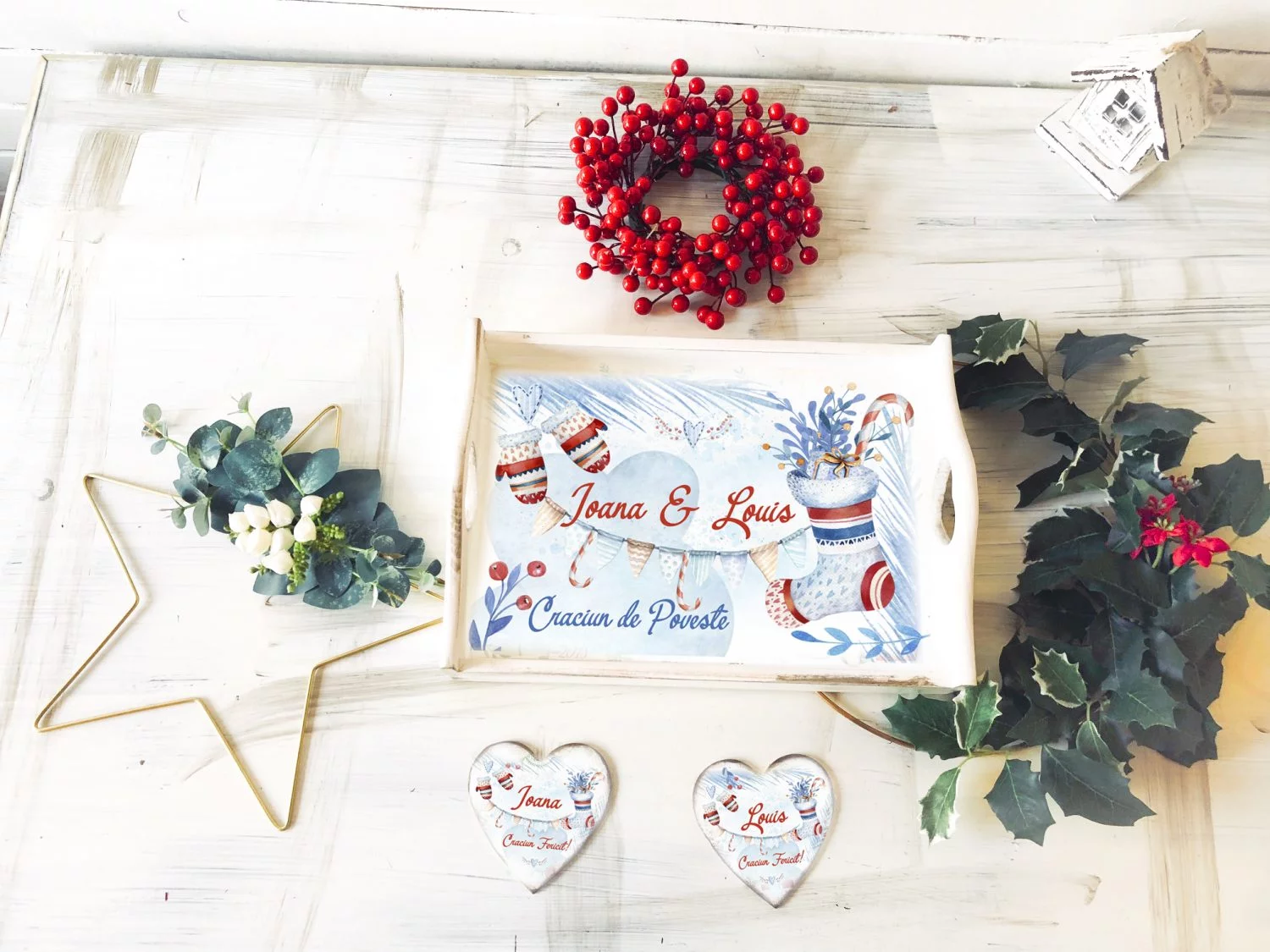 Set Cadou Craciun Joyfull RedBlue - Tava si suporturi pahare personalizate