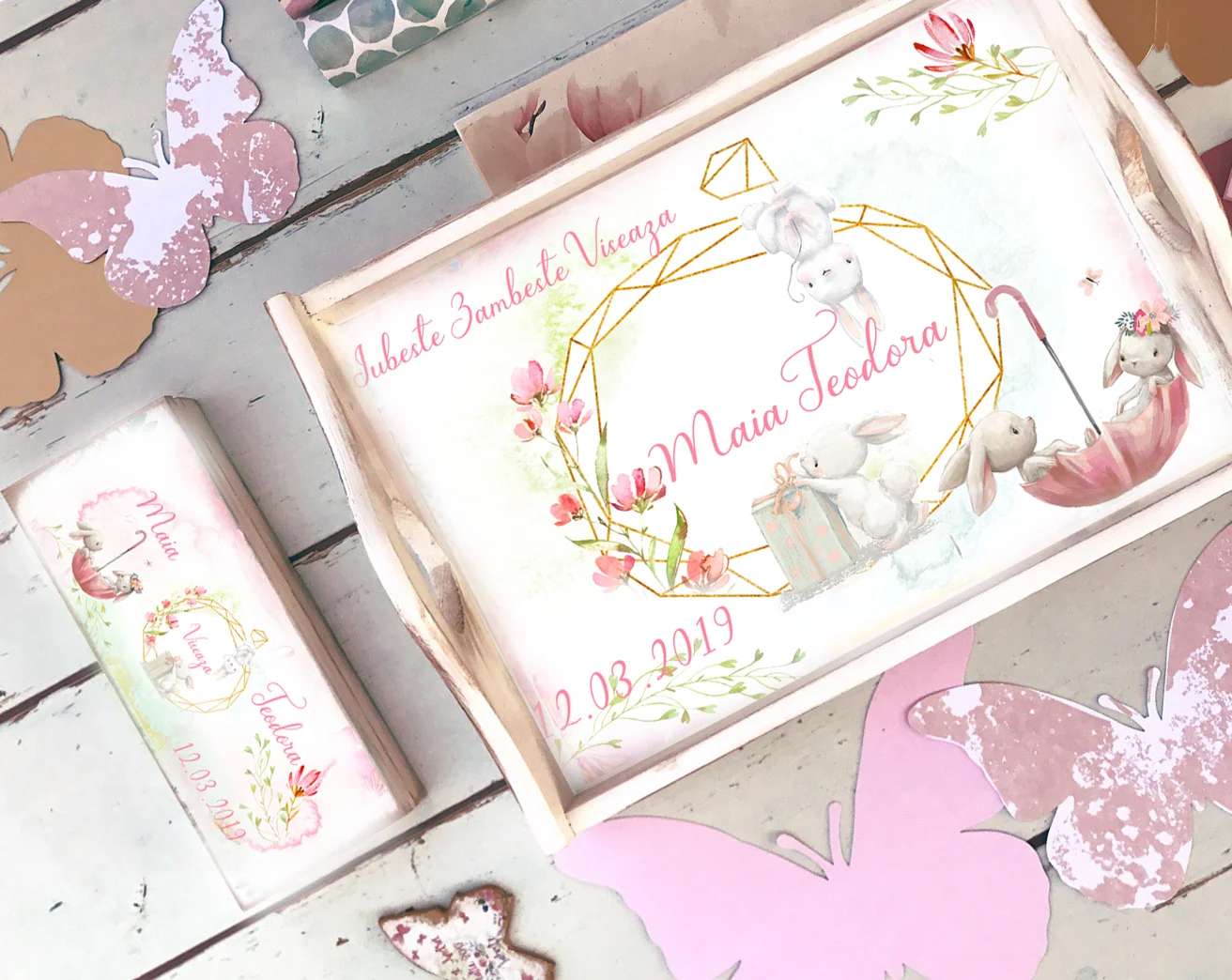 Set 1 an Iepurasul Cristal - tava taiere mot si cutiuta prima suvita personalizate - imagine 3