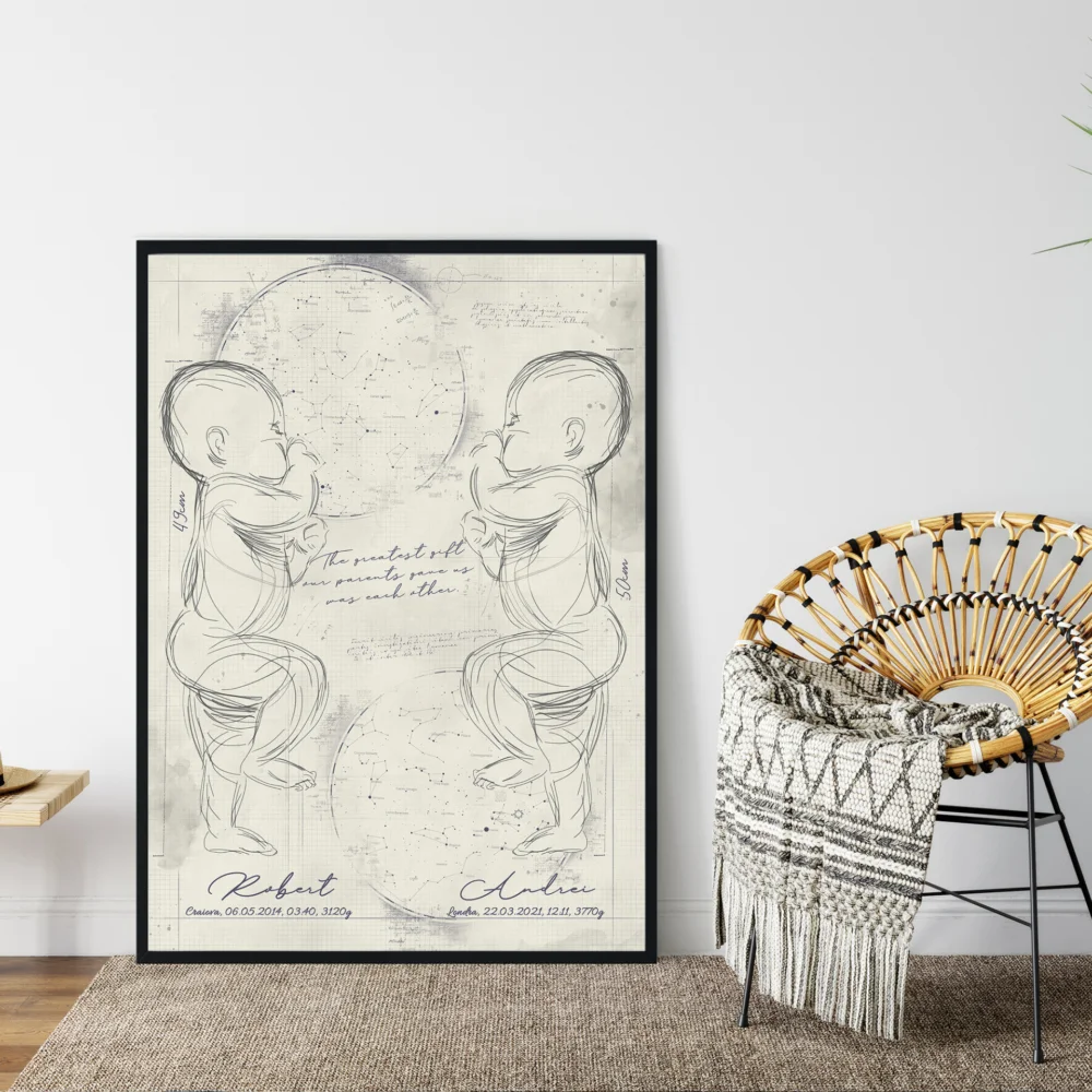 Tablou personalizat cu schita 1:1 a bebelusilor si Harta Cerului