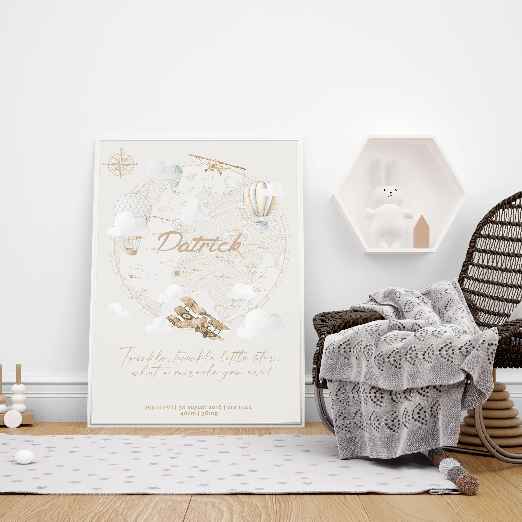 Tablou personalizat harta stelelor si baloane cu aer cald in tonuri neutre