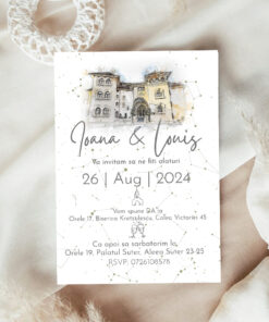 Invitatie nunta Watercolor Wedding Venue si harta stelelor Set 10 bucati