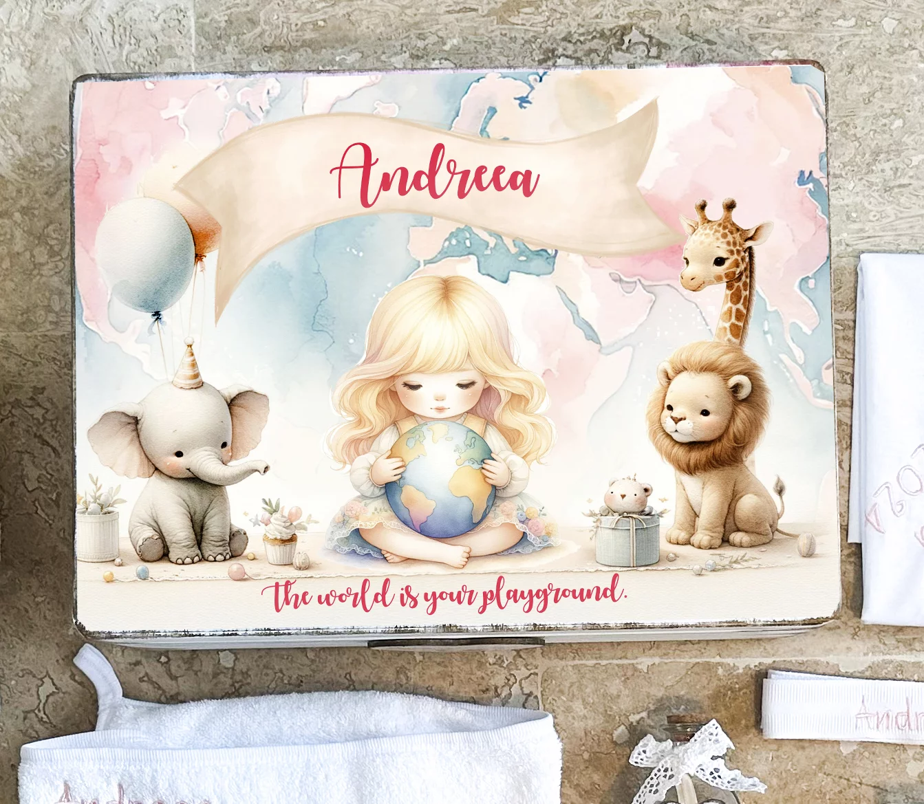Cutie personalizata amintiri Glob Pamantesc Fetite - imagine 2