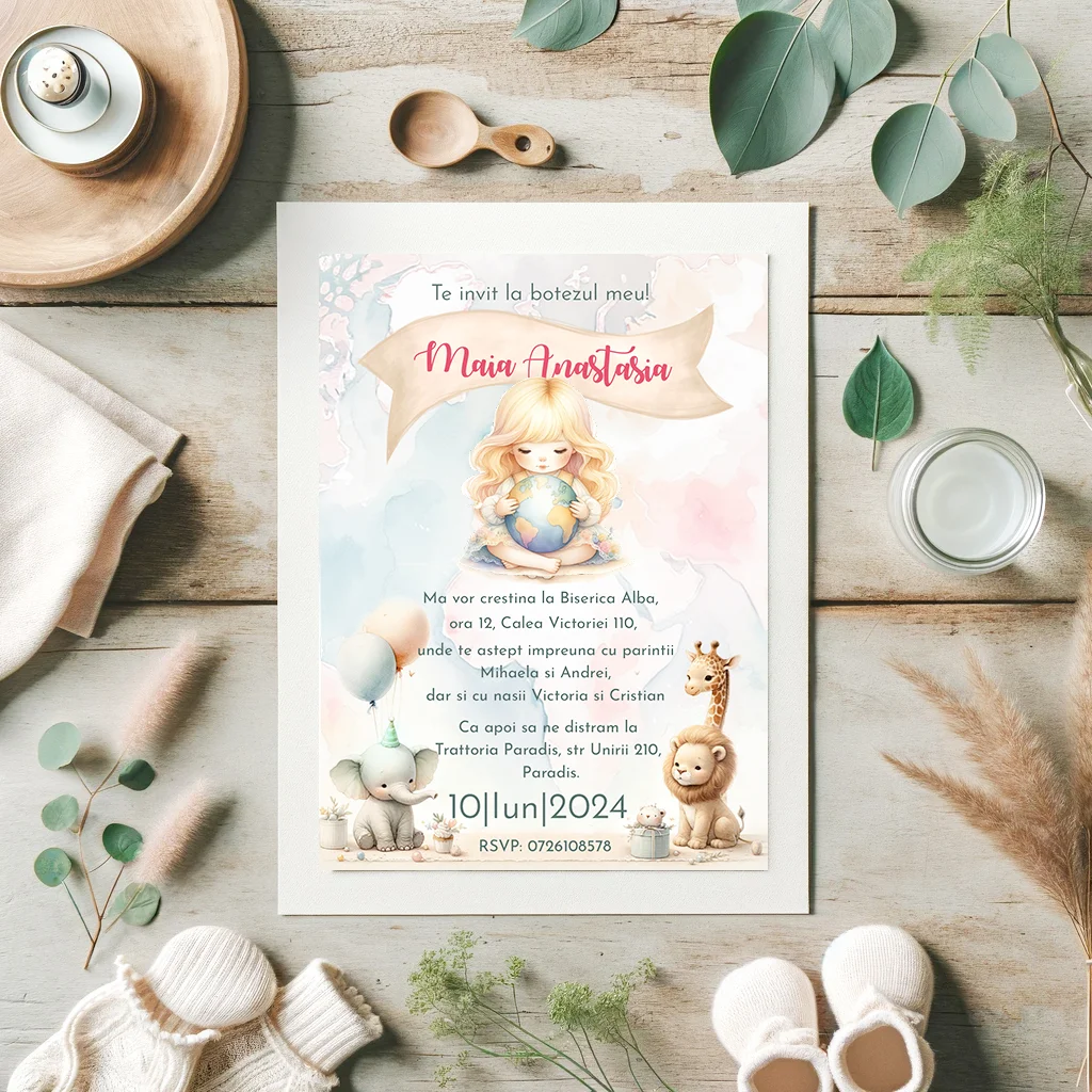 Invitatii Botez Glob Pamantesc Bleu Set 10 bucati - imagine 2