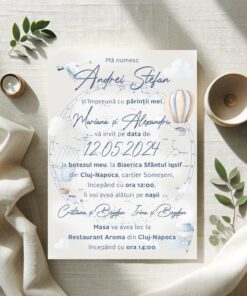 Invitatii Botez Harta Stelelor Baloane Cu Aer Cald Bleu Set 10 bucati