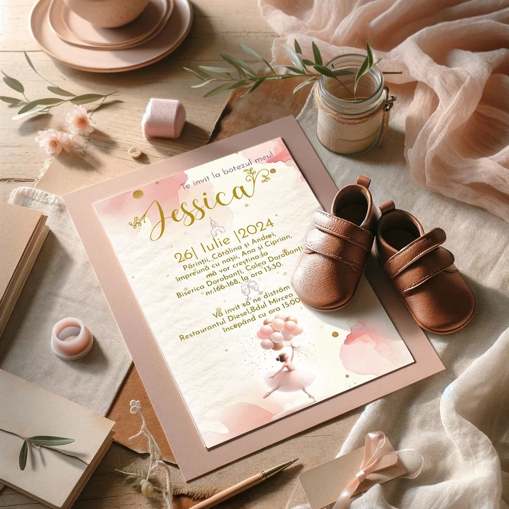 Invitatii Botez Balerina si baloane Set 10 bucati - imagine 2