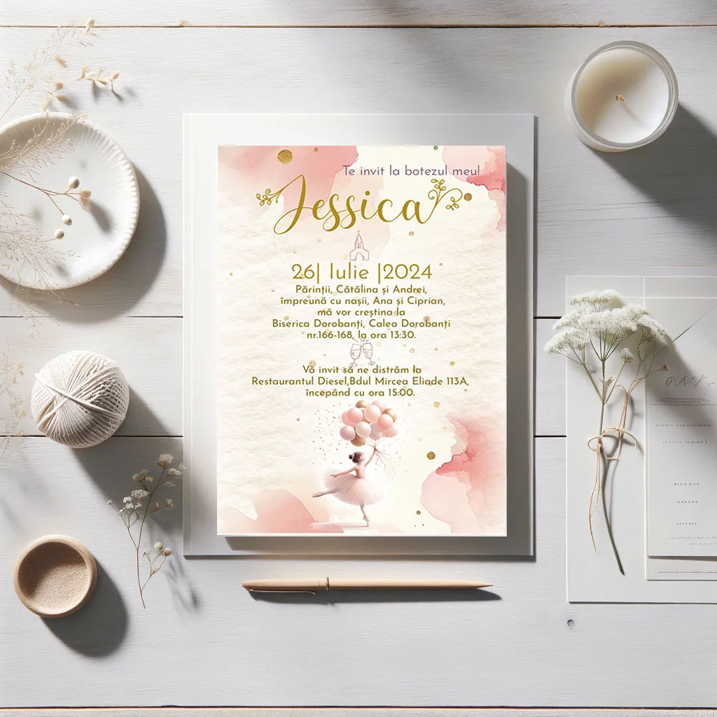 Invitatii Botez Balerina si baloane Set 10 bucati