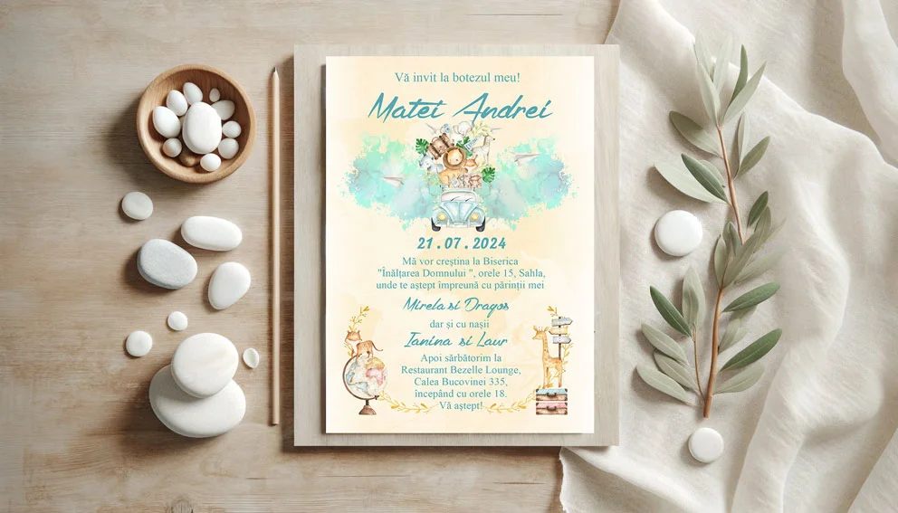 Invitatii Botez Safari bleu Set 10 bucati