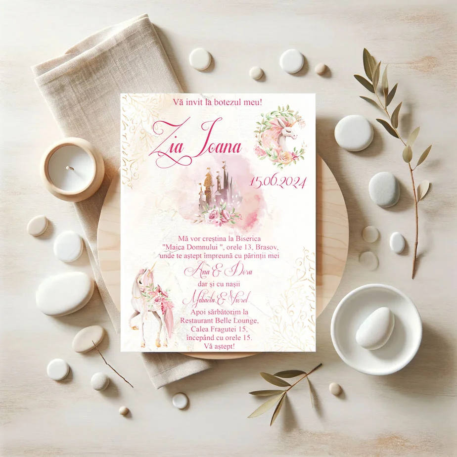 Invitatii Botez Povestea Unicorn Set 10 bucati