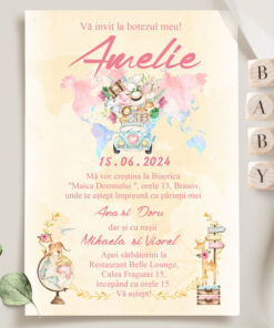 Invitatii Botez Safari roz Set 10 bucati