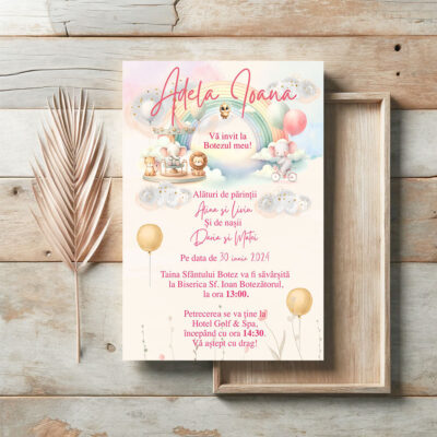 Invitatii Botez Curcubeu si Carusel Set 10 bucati