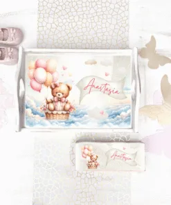 Tavita mot personalizata si cutiuta suvita - Set 1 An Ursulet roz Baloane