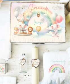 Trusou Botez Premium Personalizat din Muselină Organica Curcubeu și Carusel