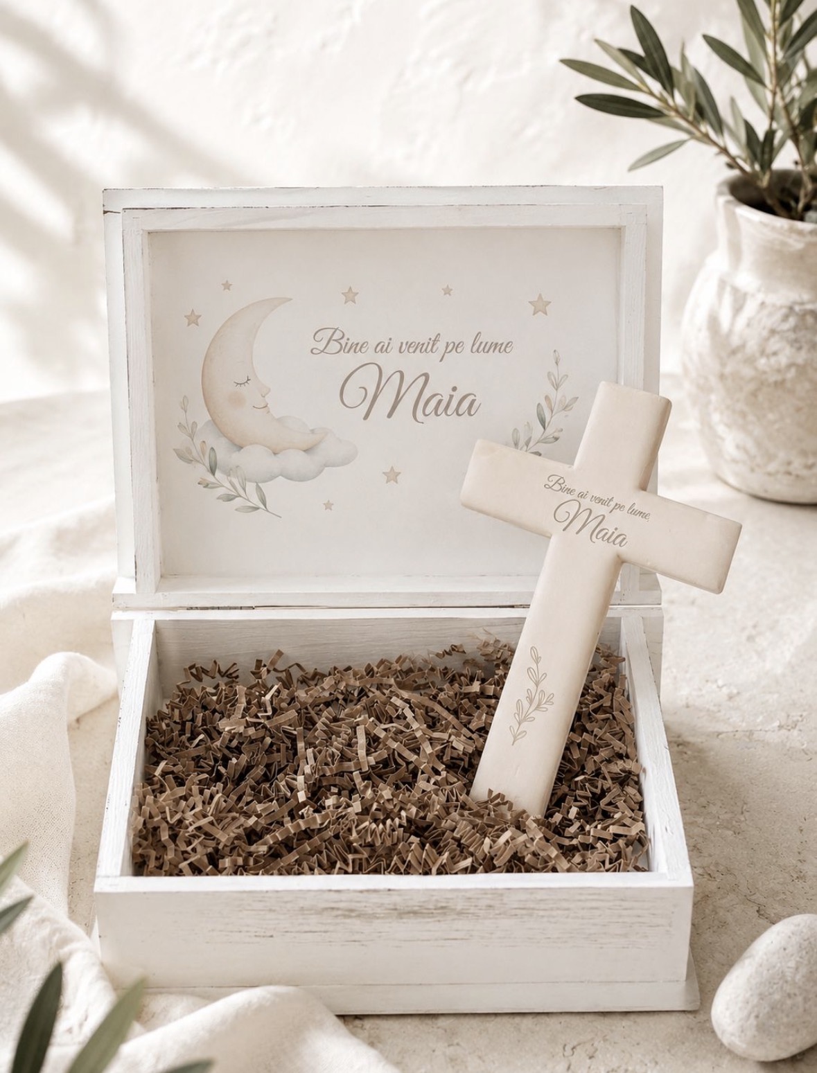 Set cadou nastere bebe si Cruce ceramica personalizata
