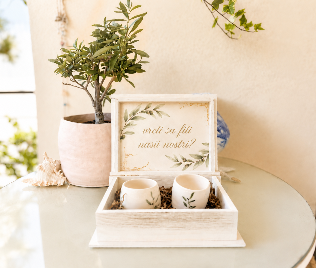 Set cadou nași „Olive” – 2 căni lucrate manual și cutie personalizată - imagine 2