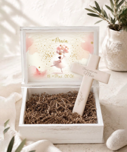Set cadou nastere bebe si Cruce ceramica personalizata Balerina si baloane