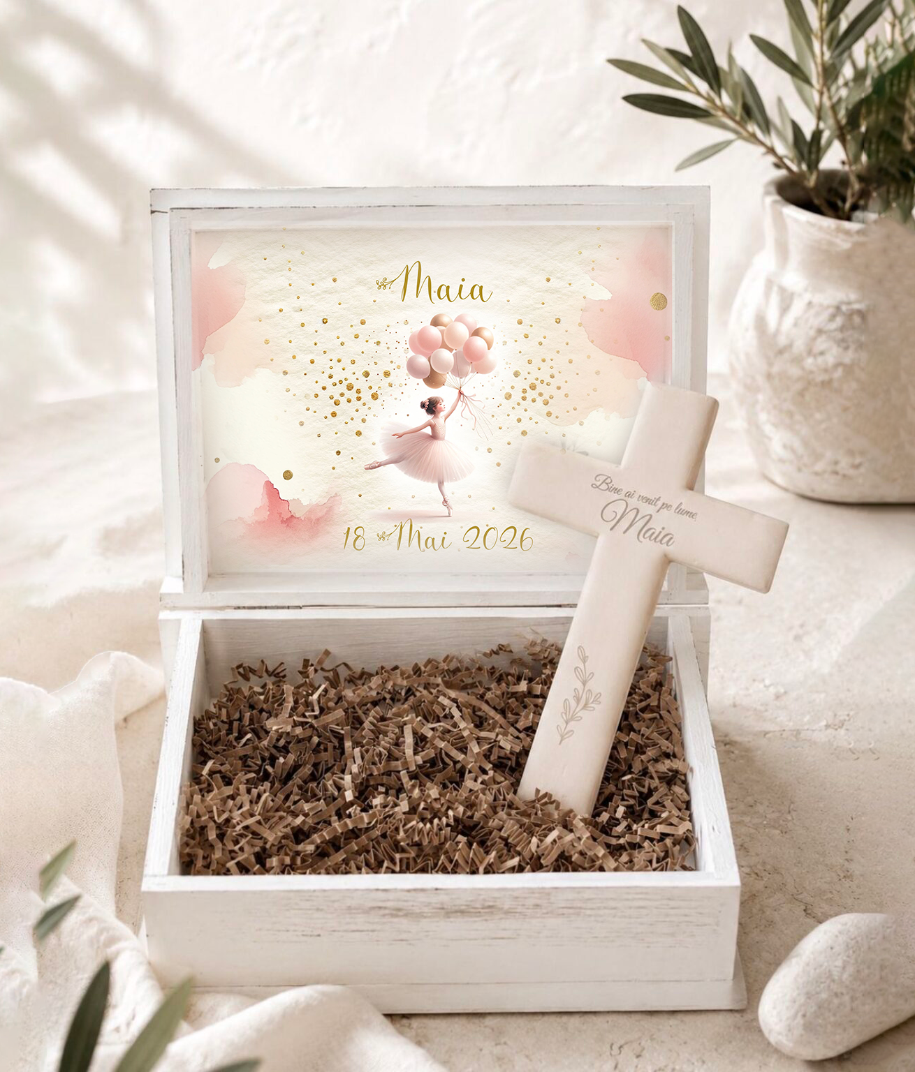 Set cadou nastere bebe si Cruce ceramica personalizata Balerina si baloane