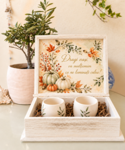 Set cadou nași „Toamna” – 2 căni lucrate manual și cutie personalizată