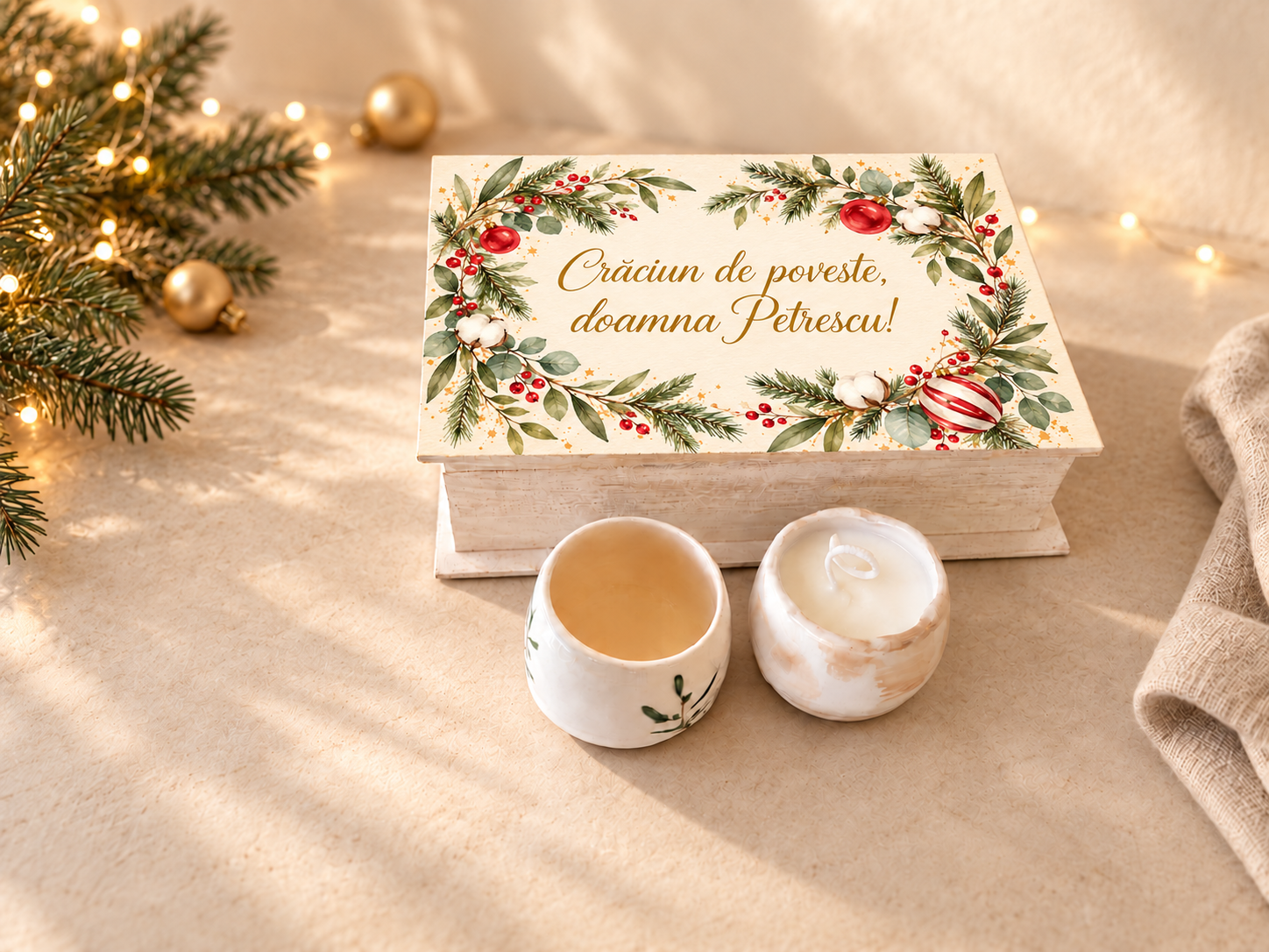 Set cadou Crăciun „Olive” – o cană și o lumânare lucrate manual și cutie personalizată - imagine 2