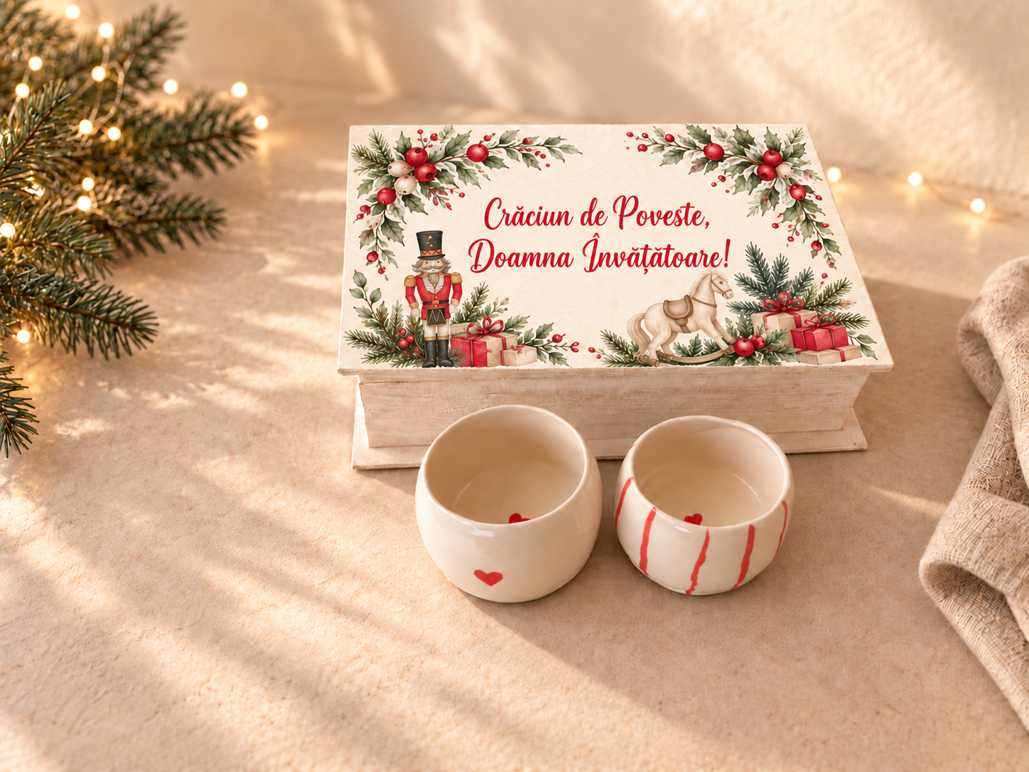 Set cadou Crăciun „Spărgătorul de Nuci” – 2 căni lucrate manual și cutie personalizată - imagine 3