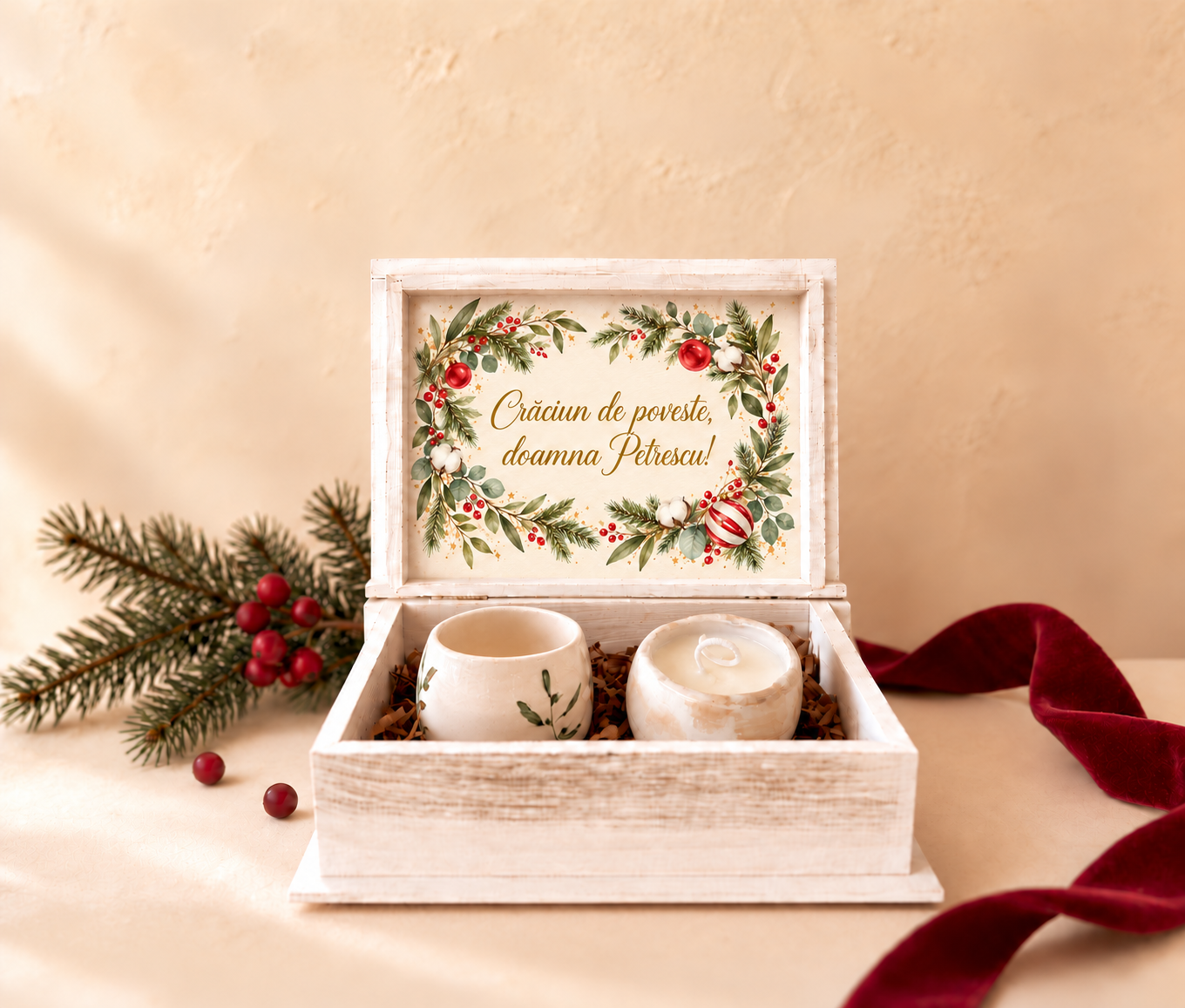 Set cadou Crăciun „Olive” – o cană și o lumânare lucrate manual și cutie personalizată