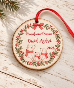 Primul meu Crăciun - ornament personalizat Familia de Urși, cerc din lemn