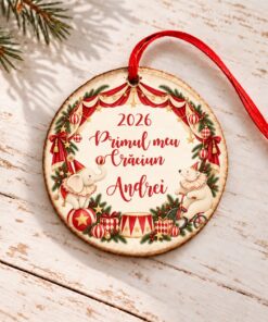 Primul meu Crăciun - ornament personalizat Vintage Circus, cerc din lemn
