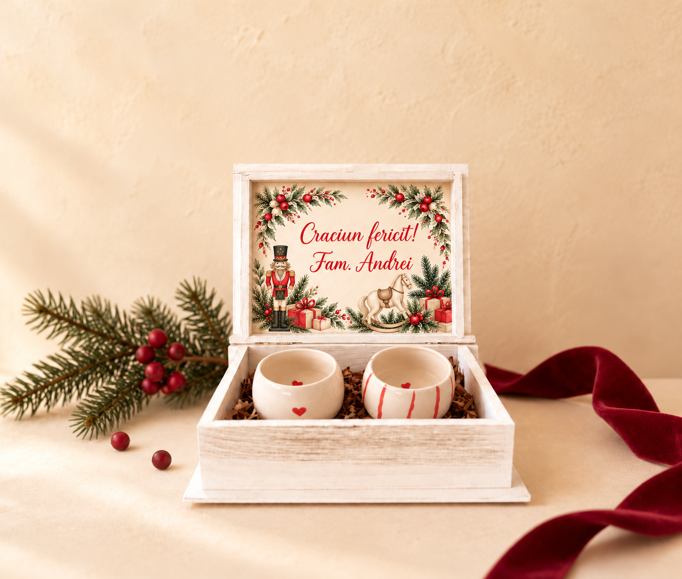 Set cadou Crăciun „Spărgătorul de Nuci” – 2 căni lucrate manual și cutie personalizată - imagine 2